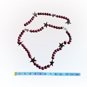 2 Strands Cranberry Red Wood Bead Garland with Brown Metal Tin Trees